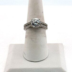 Estate Sterling Silver 925 Engagement Ring Size 7, Round CZ, Pave Band, 5.2g